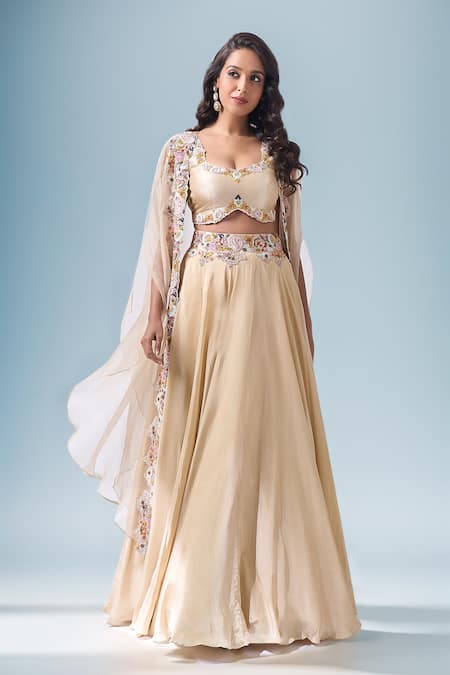 Neha Mehta Couture Gold Organza, Silk Embroidery, Zari Round Neck Hand Lehenga Set