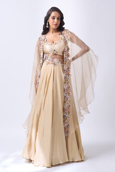 Buy Neha Mehta Couture Gold Organza, Silk Embroidery, Zari Round Neck Hand Lehenga Set Buy_Neha Mehta Couture_Gold Organza, Silk Embroidery, Zari Round Neck Hand Lehenga Set