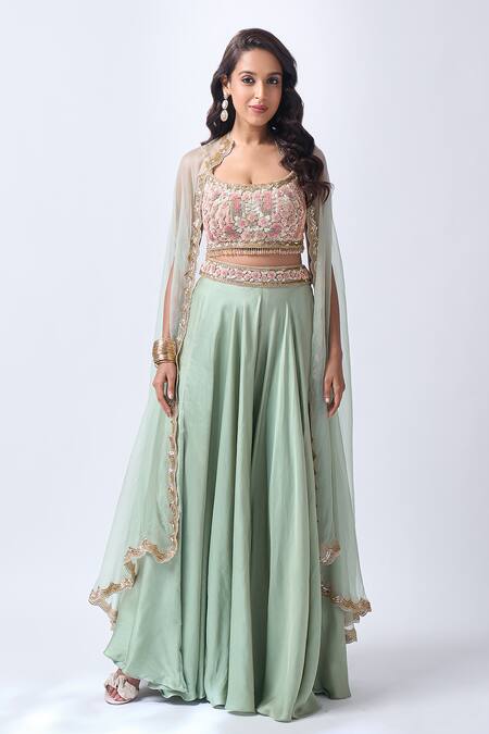 Neha Mehta Couture Mint Organza, Silk Embroidery Round Neck Green Hand Sharara Set at Aza Fashions Neha Mehta Couture_Mint Organza, Silk Embroidery Round Neck Green Hand Sharara Set _at_Aza_Fashions