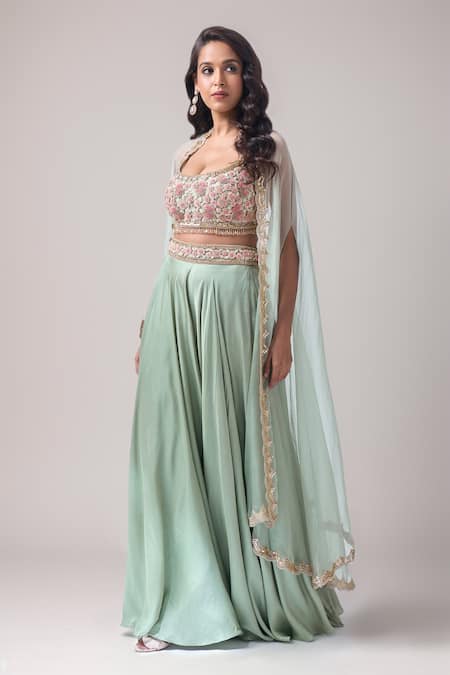 Neha Mehta Couture Mint Organza, Silk Embroidery Round Neck Green Hand Sharara Set
