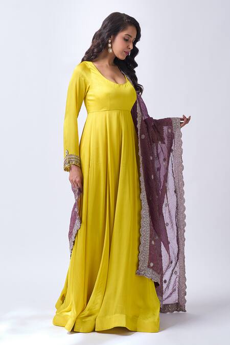 Neha Mehta Couture Mustard Silk Zari Round Neck Hand Embroidered Anarkali Set Online at Aza Fashions Neha Mehta Couture_Mustard Silk Zari Round Neck Hand Embroidered Anarkali Set _Online_at_Aza_Fashions