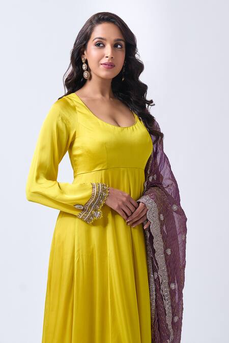 Shop Neha Mehta Couture Mustard Silk Zari Round Neck Hand Embroidered Anarkali Set Online at Aza Fashions Shop_Neha Mehta Couture_Mustard Silk Zari Round Neck Hand Embroidered Anarkali Set _Online_at_Aza_Fashions