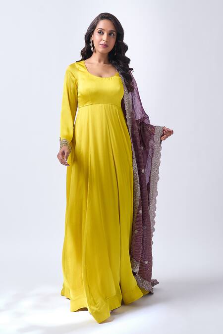 Neha Mehta Couture Mustard Silk Zari Round Neck Hand Embroidered Anarkali Set at Aza Fashions Neha Mehta Couture_Mustard Silk Zari Round Neck Hand Embroidered Anarkali Set _at_Aza_Fashions
