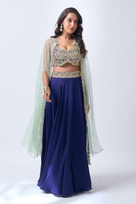 Buy_Neha Mehta Couture_Blue Organza, Silk Embroidery, Zari Round Neck Placement Hand Lehenga Set _Online_at_Aza_Fashions