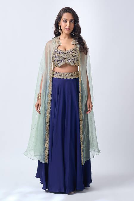Neha Mehta Couture_Blue Organza, Silk Embroidery, Zari Round Neck Placement Hand Lehenga Set _at_Aza_Fashions