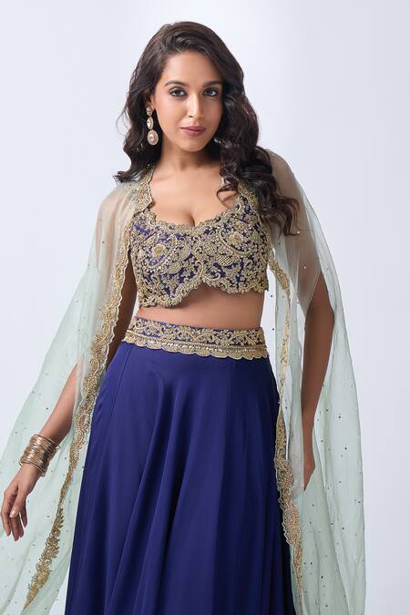 Buy_Neha Mehta Couture_Blue Organza, Silk Embroidery, Zari Round Neck Placement Hand Lehenga Set 