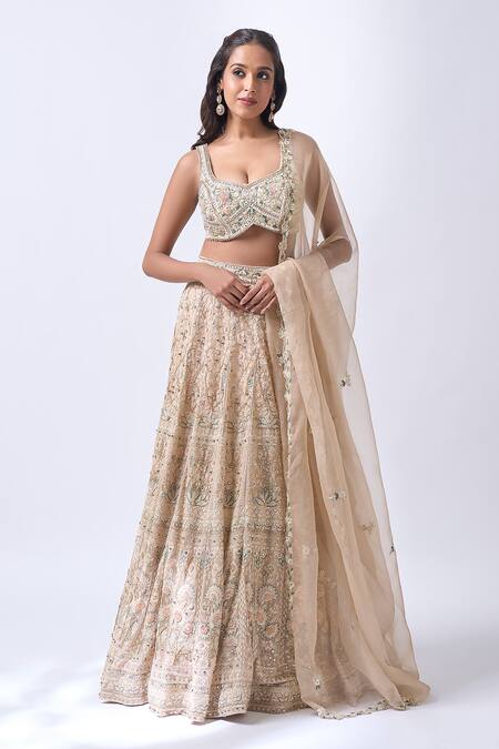 Neha Mehta Couture_Beige Silk, Organza Embroidery Round Neck Hand Lehenga Set _Online_at_Aza_Fashions