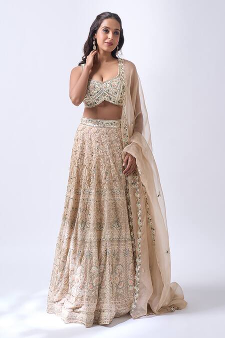 Buy_Neha Mehta Couture_Beige Silk, Organza Embroidery Round Neck Hand Lehenga Set _Online_at_Aza_Fashions