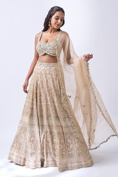 Neha Mehta Couture_Beige Silk, Organza Embroidery Round Neck Hand Lehenga Set _at_Aza_Fashions