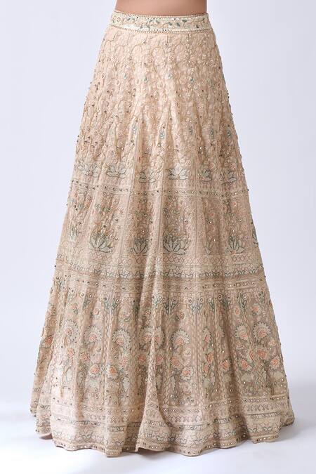 Buy_Neha Mehta Couture_Beige Silk, Organza Embroidery Round Neck Hand Lehenga Set 