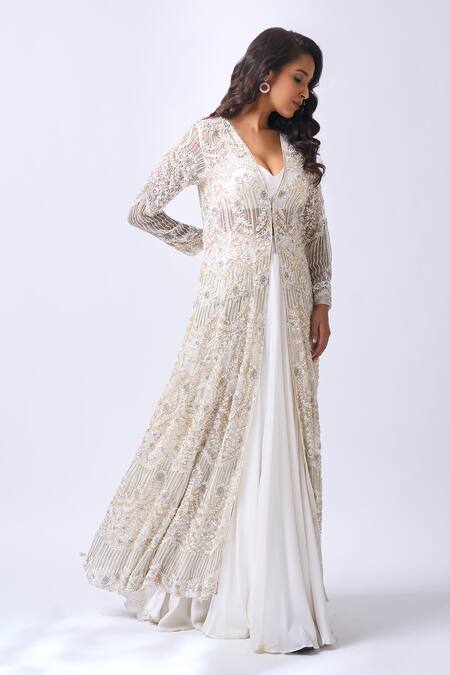 Neha Mehta Couture_Ivory Silk, Net Embroidery, Zari Round Neck, Hand Jacket And Lehenga Set _Online_at_Aza_Fashions
