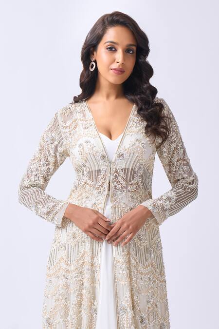 Buy_Neha Mehta Couture_Ivory Silk, Net Embroidery, Zari Round Neck, Hand Jacket And Lehenga Set 