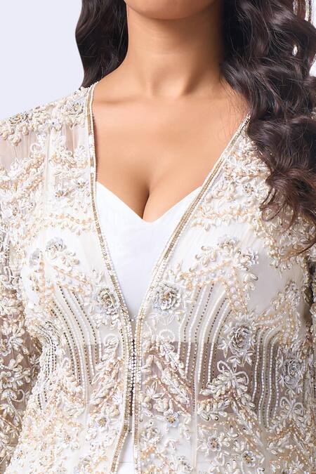 Shop_Neha Mehta Couture_Ivory Silk, Net Embroidery, Zari Round Neck, Hand Jacket And Lehenga Set 