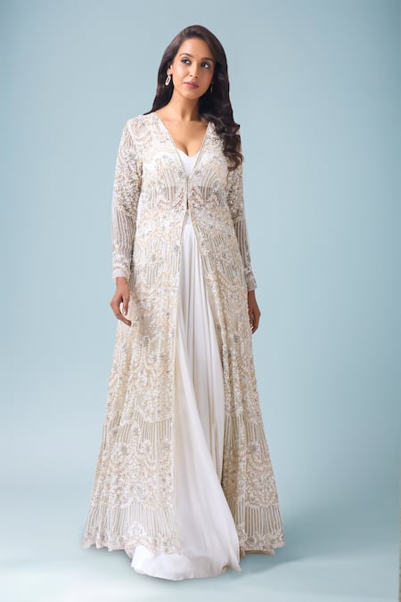 Neha Mehta Couture Ivory Silk, Net Embroidery, Zari Round Neck, Hand Jacket And Lehenga Set