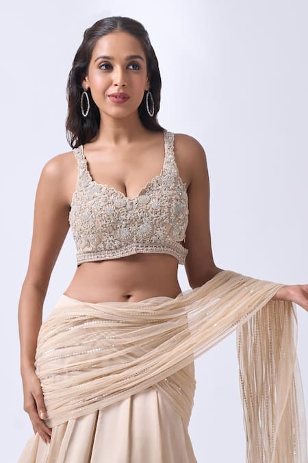 Neha Mehta Couture_Beige Silk Beads, Embroidery Round Neck Hand Lehenga Set _Online_at_Aza_Fashions