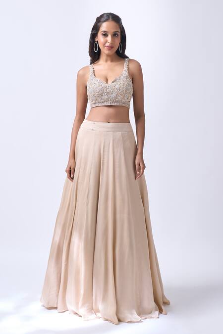 Buy_Neha Mehta Couture_Beige Silk Beads, Embroidery Round Neck Hand Lehenga Set _Online_at_Aza_Fashions