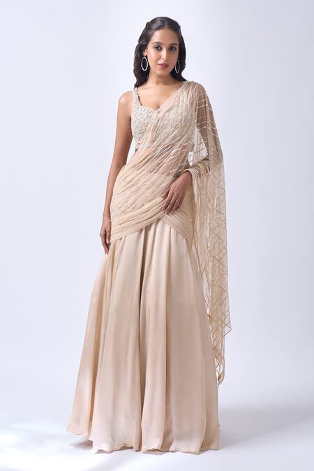 Neha Mehta Couture_Beige Silk Beads, Embroidery Round Neck Hand Lehenga Set _at_Aza_Fashions