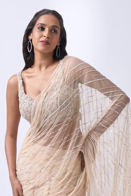 Buy_Neha Mehta Couture_Beige Silk Beads, Embroidery Round Neck Hand Lehenga Set 