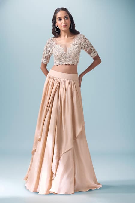 Neha Mehta Couture Gold Silk Embroidery, Zari Round Neck Champagne Hand Lehenga Set