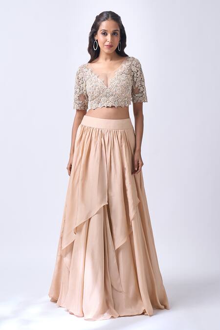 Buy_Neha Mehta Couture_Gold Silk Embroidery, Zari Round Neck Champagne Hand Lehenga Set _Online_at_Aza_Fashions