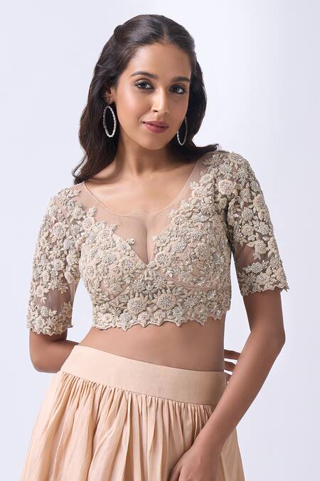 Shop_Neha Mehta Couture_Gold Silk Embroidery, Zari Round Neck Champagne Hand Lehenga Set _Online_at_Aza_Fashions