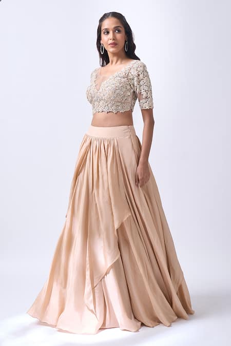 Neha Mehta Couture_Gold Silk Embroidery, Zari Round Neck Champagne Hand Lehenga Set _at_Aza_Fashions