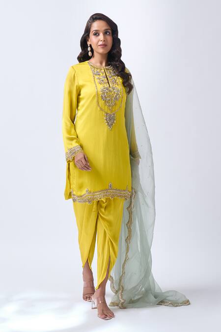 Neha Mehta Couture_Yellow Organza, Silk Embroidery Round Neck Hand Kurta Dhoti Set _Online_at_Aza_Fashions