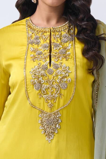 Shop_Neha Mehta Couture_Yellow Organza, Silk Embroidery Round Neck Hand Kurta Dhoti Set _Online_at_Aza_Fashions
