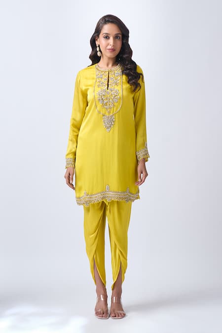 Neha Mehta Couture_Yellow Organza, Silk Embroidery Round Neck Hand Kurta Dhoti Set _at_Aza_Fashions