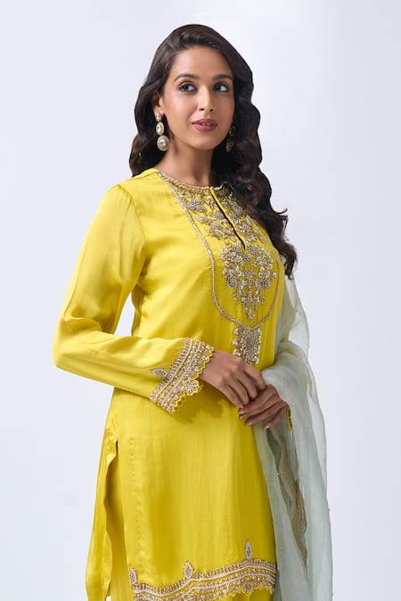 Buy_Neha Mehta Couture_Yellow Organza, Silk Embroidery Round Neck Hand Kurta Dhoti Set 