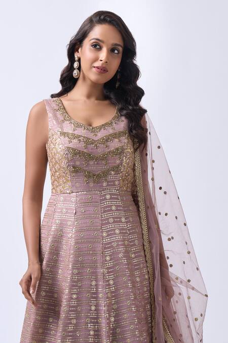 Neha Mehta Couture_Lavender Georgette, Brocade Embroidery Round Neck Hand Anarkali Set _Online_at_Aza_Fashions