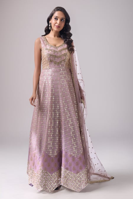 Neha Mehta Couture Lavender Georgette, Brocade Embroidery Round Neck Hand Anarkali Set