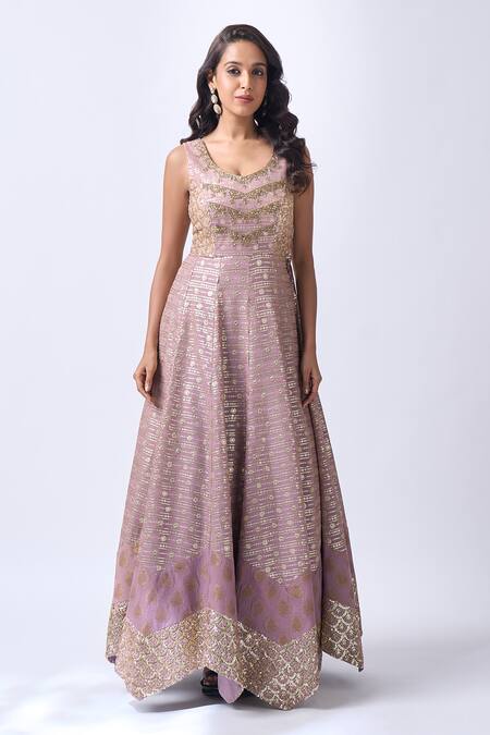 Buy_Neha Mehta Couture_Lavender Georgette, Brocade Embroidery Round Neck Hand Anarkali Set _Online_at_Aza_Fashions