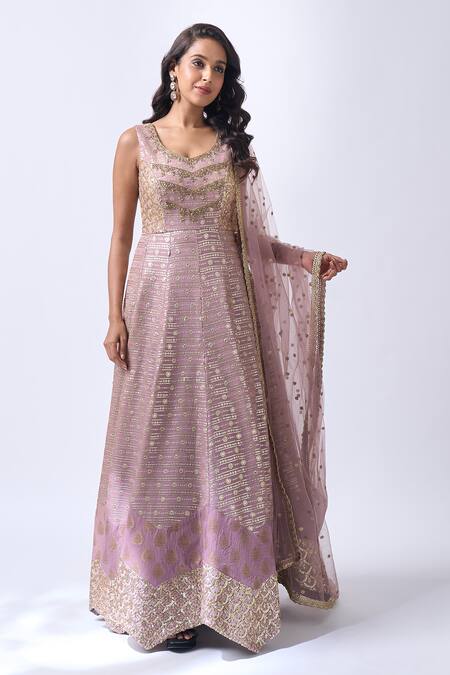 Shop_Neha Mehta Couture_Lavender Georgette, Brocade Embroidery Round Neck Hand Anarkali Set _Online_at_Aza_Fashions