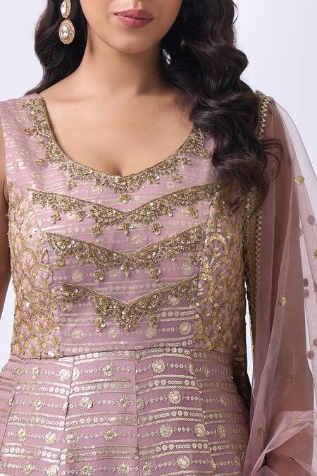 Neha Mehta Couture_Lavender Georgette, Brocade Embroidery Round Neck Hand Anarkali Set _at_Aza_Fashions