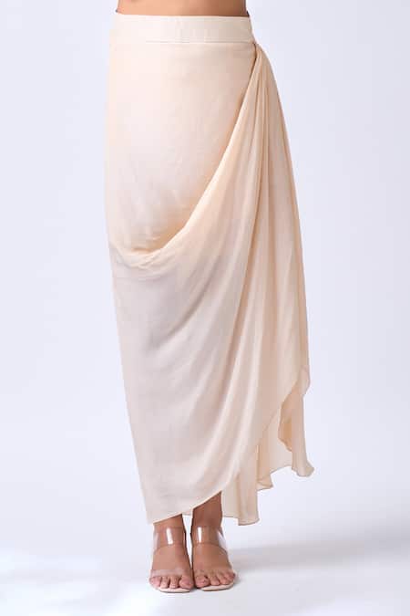 Neha Mehta Couture_Rose Gold Crepe Zari Round Neck Hand Embroidered Blouse And Draped Skirt Set _Online_at_Aza_Fashions