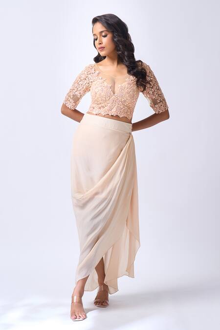 Buy_Neha Mehta Couture_Rose Gold Crepe Zari Round Neck Hand Embroidered Blouse And Draped Skirt Set _Online_at_Aza_Fashions