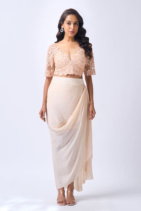 Shop_Neha Mehta Couture_Rose Gold Crepe Zari Round Neck Hand Embroidered Blouse And Draped Skirt Set _Online_at_Aza_Fashions
