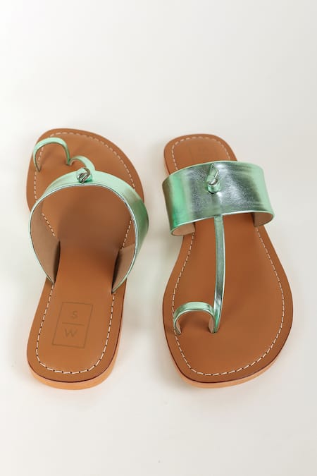 Shop_Sandalwali_Green Metallic Handmade Sandals _Online_at_Aza_Fashions