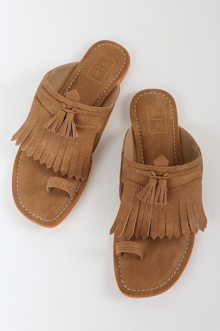 Sandalwali Tan Fringe Lady Suzy Vegan Sandals 