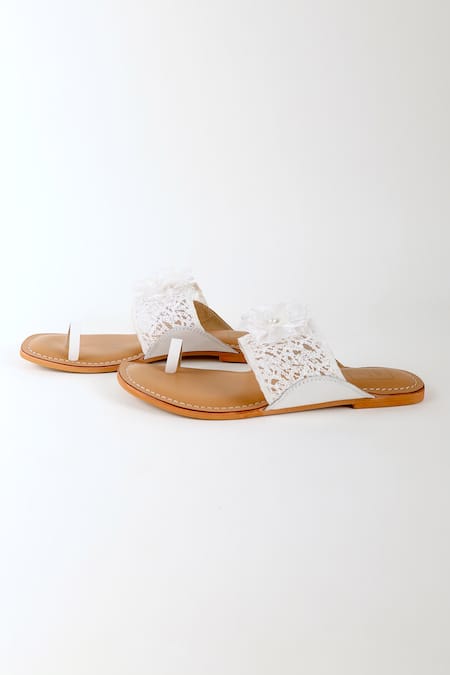 Sandalwali_Tan Fabric Flowers, Lace Brown And White Lovena Sandals _Online_at_Aza_Fashions
