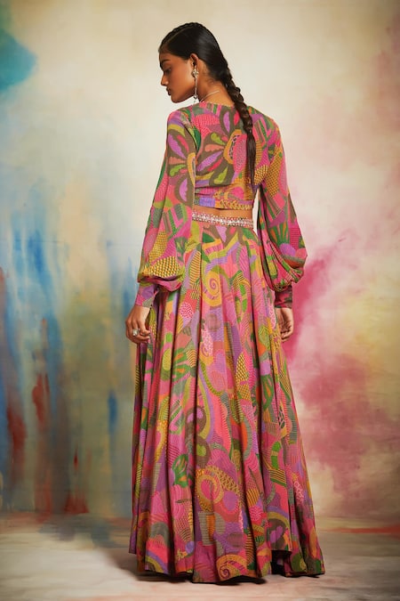 Saundh Pink Georgette Printed Top & Lehenga Set 