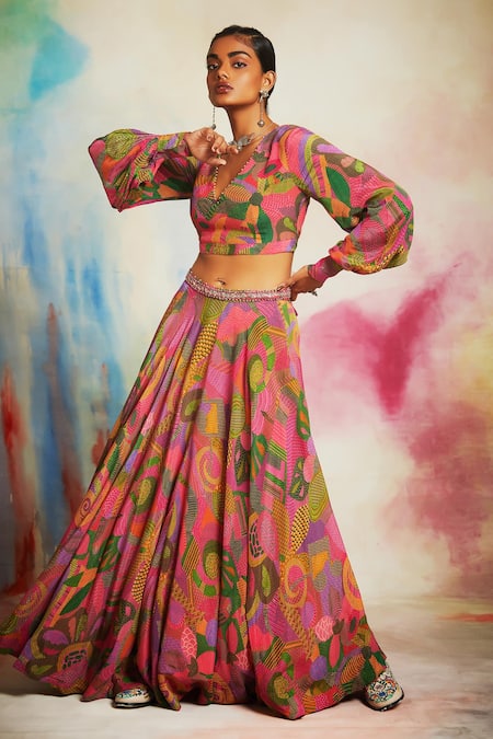 Saundh Pink Georgette Beads, Sequins V-neck Printed Top And Lehenga Set