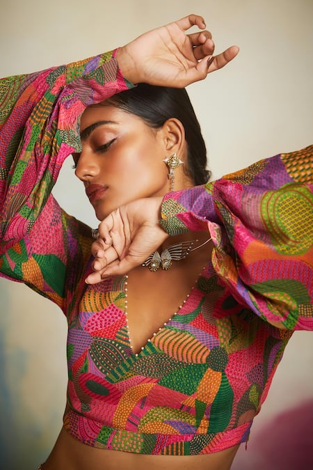 Buy_Saundh_Pink Georgette Beads, Sequins V-neck Printed Top And Lehenga Set _Online_at_Aza_Fashions