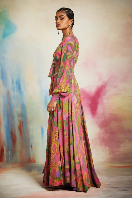 Saundh_Pink Georgette Beads, Sequins V-neck Printed Top And Lehenga Set _at_Aza_Fashions