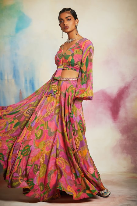 Buy_Saundh_Pink Georgette Beads, Sequins V-neck Printed Top And Lehenga Set 