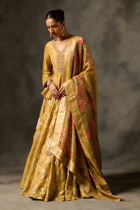Saundh_Yellow Viscose, Tissue Embroidery V-neck Designer Lehenga Set _Online_at_Aza_Fashions