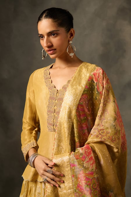 Shop_Saundh_Yellow Viscose, Tissue Embroidery V-neck Designer Lehenga Set _Online_at_Aza_Fashions