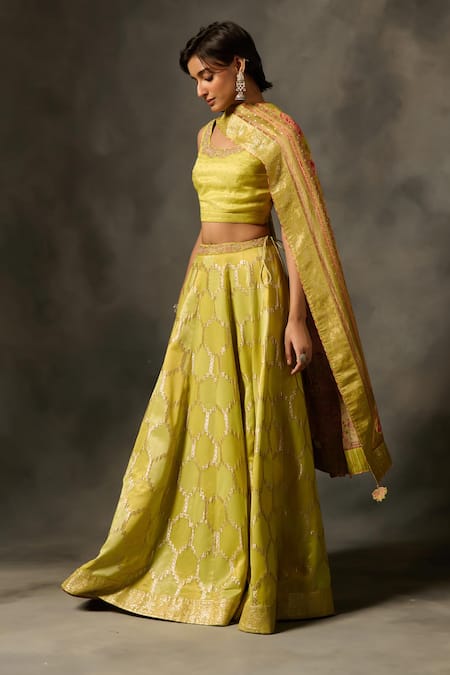 Saundh Green Viscose, Tissue Embroidery Round Neck Lehenga Set Online at Aza Fashions Saundh_Green Viscose, Tissue Embroidery Round Neck Lehenga Set _Online_at_Aza_Fashions