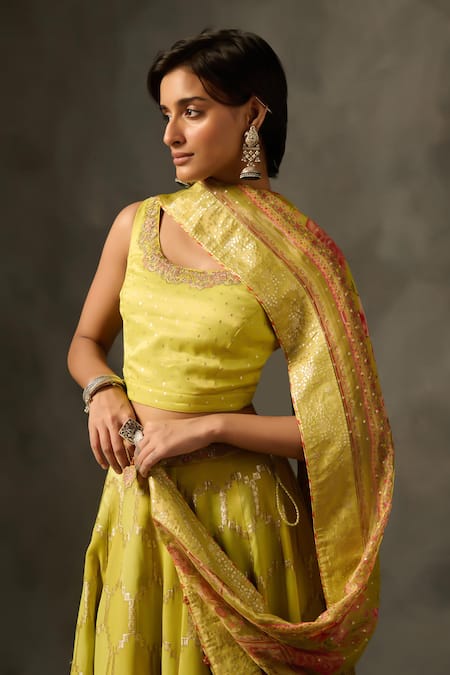 Buy Saundh Green Viscose, Tissue Embroidery Round Neck Lehenga Set Online at Aza Fashions Buy_Saundh_Green Viscose, Tissue Embroidery Round Neck Lehenga Set _Online_at_Aza_Fashions